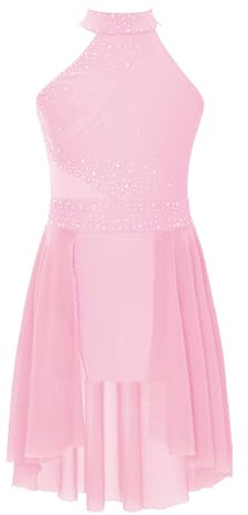 Linyuir Lyrical Dance Costume for Girls Ballet Dance Dress Figure Ice Skating Dress Sleeveless Irregular Hem Gymnastic Leotard Pink 13-14 Years