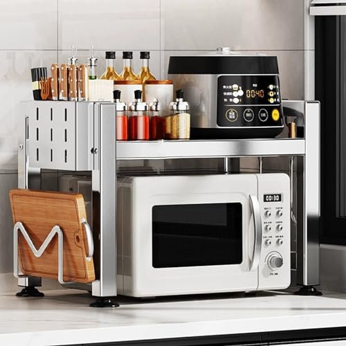 Scaffale regolabile per forno a microonde in acciaio inox a 2 ripiani, espandibile con 4 ganci, supporto per tostapane, include tagliere per piano di lavoro