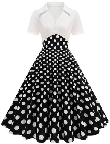 Vestido Vintage 50 Pin Up Mujer de Lunares Vintage Retro Impreso Lunares Media Largo Elegante Estilo 1950's Audrey Hepburn Vestido de Noche Cóctel sin Mangas Rockabilly Swing Plisado Vestido Año 50