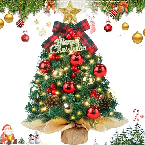 Vleuexe Mini árbol de Navidad artificial con 30 LEDs blancos cálidos, árbol de Navidad con batería y punta en forma de estrella, decoración navideña roja, pequeño árbol de Navidad artificial para