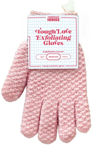 Handmade Heroes Tough Love Exfoliating Gloves – 2pc Reusable Body Washcloth Mitt for Shower Bath & Spa, Dead Skin Remover, Ingrown Hair & Self Tan Exfoliator, Women Shower Accessories for Smooth Skin