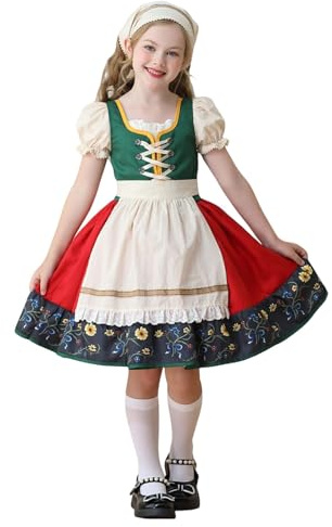 2025 Vestido para niña, disfraz tradicional europeo de campesino para Oktoberfest, 6-12 años, accesorios (verde, 9-10 años)