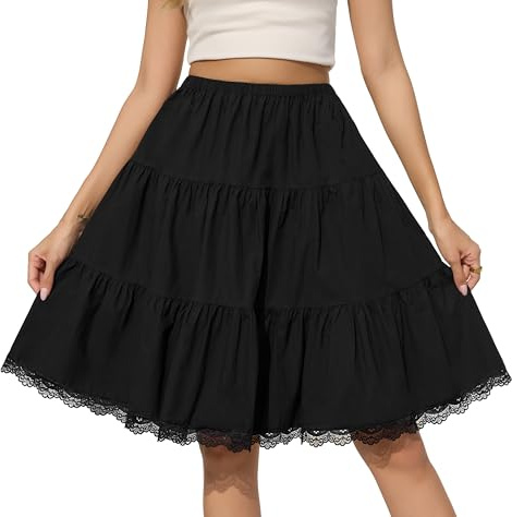 Vlazom Jupe Mi-Longue Femme en Coton Jupon Ourlet en Dentelle Jupon sous Robe Taille Élastique Confortable
