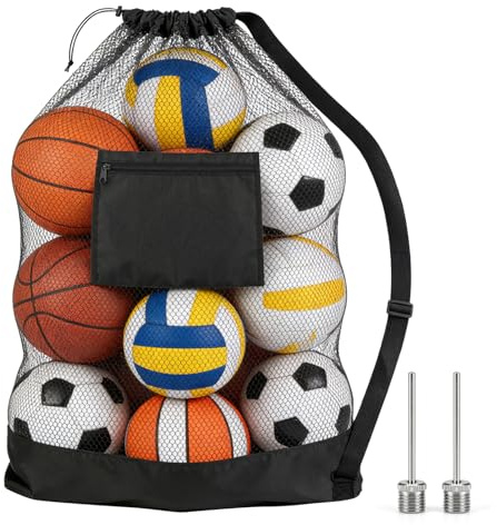 Snugcore Large Football Ball Bags with Waterproof Pocket 2 Needles, Drawstring Bag with Adjustable Shoulder Strap, Mesh Bag for Basketball Football Rugby Ball Volleyball Heavy Duty Training Equipment