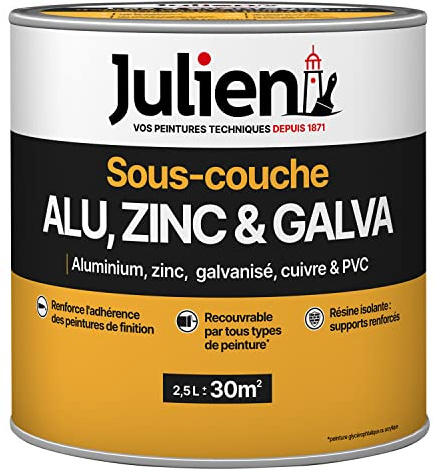 Julien Sous-couche pour alu, zinc, cuivre, galvanisé, supports lisses 30m² - intérieur et extérieur - Blanc Mat 2,5L
