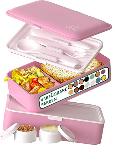 Umami Bento Lunch Box, Couverts & 2 Pots à Sauce Inclus, Boîte à Lunch Étanche, Lunchbox Adulte, Micro-Ondable Boîte Repas Compartimentée, Rose Kawaii, 1200 ml