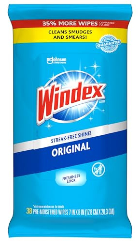 Windex Wipes Glass Cleaning, Pre-Moistened Glass and Surface Wipes to Clean Home Surfaces, Household Essentials, Original Scent, 38 Count (Pack of 1)