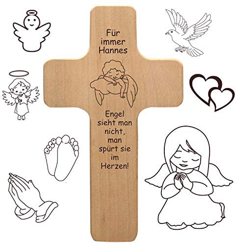 Sternenkinder Andenken - Kreuz mit individueller Gravur - personalisiert mit Name, Spruch, Motiv - Holz Kruzifix zur Erinnerung, Gedenken an Engelskinder, als Grabschmuck, Trostgeschenk