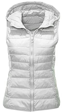 Quiltad väst dam – lätt dunväst, jacka, enfärgad quiltad väst, kroppsvärmare, vår, höst, vinter, övergångsväst, utomhus, vinterväst, gilet, jacka, huva, ärmlös, Vit, M