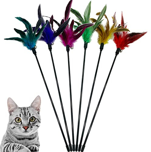 Cat Wand Toy Feather Stick Cat Toys, 6 Pieces Interactive Cat Toy Feathers Wand for Indoor Cats (A)