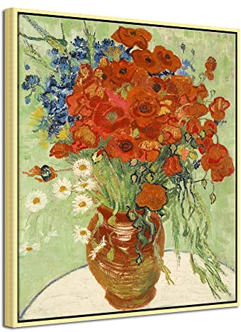 Wieco Art Large Gold Framed Red Poppies and Daisies Canvas Print of Van Gogh Classic Flowers Artwork Pictures on Canvas Wall Art for Home Office Decorations