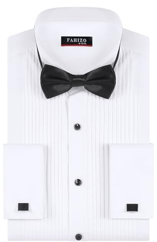 FAHIZO Men's White Tuxedo Shirt with Wing Collar, French Cuffs & Accessories-Black Bow Tie, XL