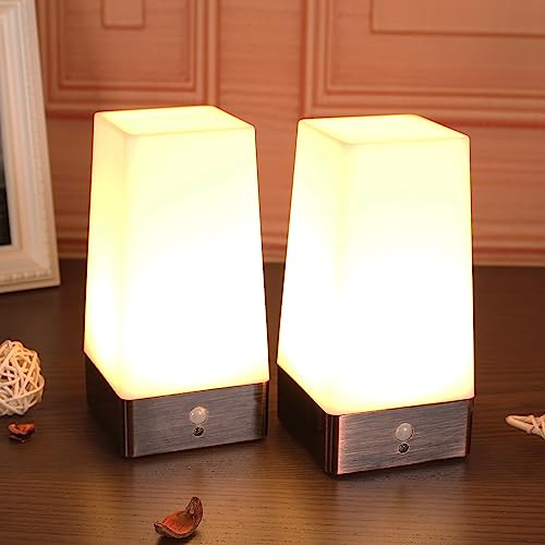 WRalwaysLX 2Pack Bedside Lamp Wireless PIR Motion Sensor LED Night Light,3 Modes Battery Powered Small Table Lamp,USE 3x1.5VAAA Battery,Sensitive Portable Moving Lamp…