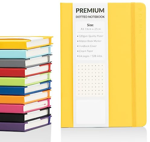 evelay Bullet Journal A5 Dotted Notebook with Faux Leather Hardback Cover and Premium 120gsm Thick Dot Grid Paper (128 Cream Pages, Yellow)