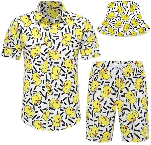 Spanoous Ensemble de chemises et shorts hawaïens amusants pour homme, ensembles de tenues de plage avec chapeaux de pêcheur