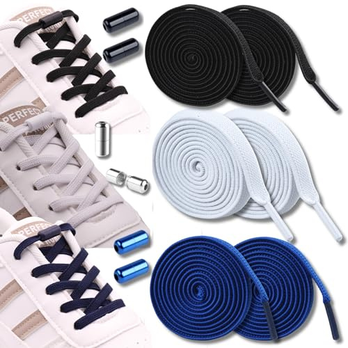 3 Pares Cordones Elasticos Zapatillas Deporte. Cordones Zapatos Elasticos Sin Atar Ajustables Resistentes con Cierres Aptos en Zapatos y Zapatillas Cordones Niños y Adultos Negro, Blanco, Azul Marino