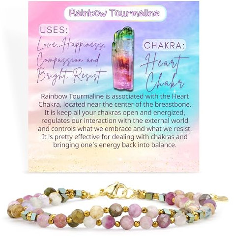 Farfume Armband Damen Edelstein Perlen Armbänder, Chakra 4mm Kristall Natürliche Echte Steine Schmuck Geschenke für Frauen(Regenbogen-Turmalin)
