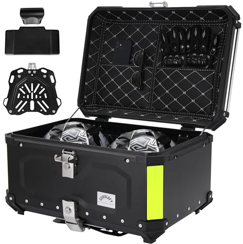 Gurblofy Motorcycle Top Case, 65L Aluminum Motorcycle Top Box with Anti-Theft Lock System, Waterproof, Dustproof, Easy Installation with Universal Bracket, Back Cushion Included, Black, GBTC-65BL