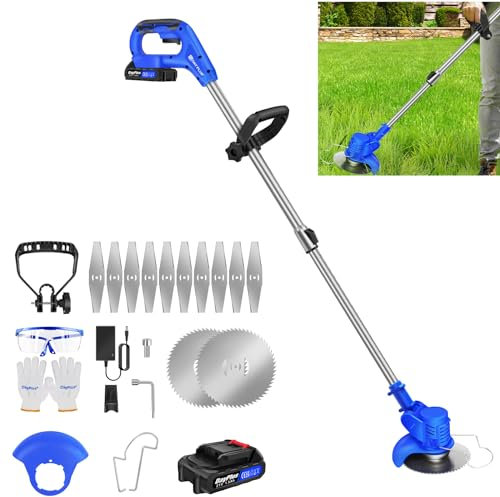 Tagliaerba elettrico con 2 batterie da 21 V 1,5 Ah e caricabatterie, tagliabordi a batteria, 10000 giri/min, 10 lame in metallo, 2 lame circolari