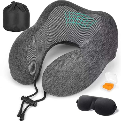 HITSZS Nackenkissen Flugzeug Reisekissen, Nackenhörnchen Erwachsene aus Memory Foam, Kopfstütze mit glattem atmungsaktiv Kissenbezug, Ohrstöpseln, Augenmaske,Tragetasche für Reisen,Camping,Büro,Haus