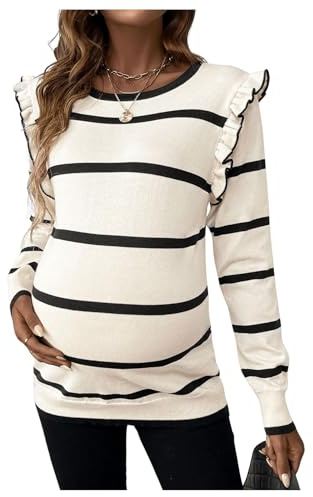 BEAUDRM Women's Maternity Sweater Striped Pattern Round Neck Long Sleeve Ruffle Tops Black and White Large