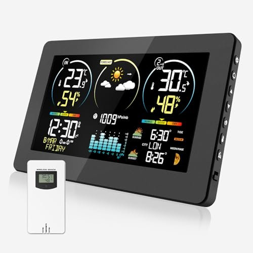 Station Météo sans Fil avec Capteur, Thermomètre Hygromètre Numériques Intérieure Extérieure, Ecran LCD Couleur,Calendrier l'horloge Réveil Snooze Prévisions Météorologiques horloge atomique (Noir)