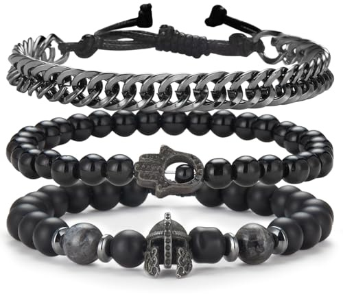 Dazylleco 3 Pcs Mens Bracelets Stone Beaded Bracelets Stainless Steel Chain Bracelet Handmade Jewellery Set Gifts for Men(24011)