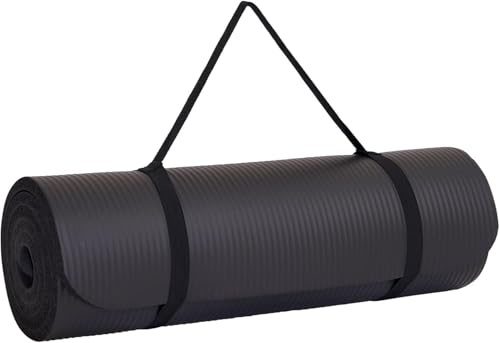 EVINOS Yoga Mat, Extra Thick, Non-Slip, Padded, 183x60 cm, with Carry Strap - NBR Foam Mat (Black)