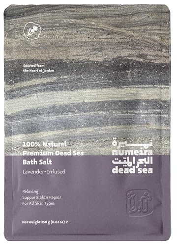 Numeira Sales de baño del Mar Muerto, sal marina muerta recolectada de forma natural, sales de baño para remojar y relajar de Jordania, 250 g de sal marina gruesa con aroma a lavanda