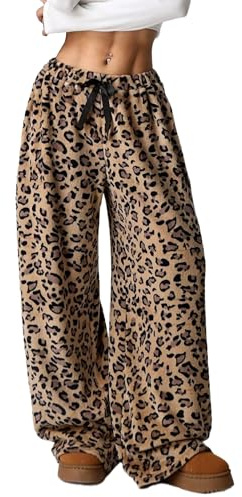 Leopard Therian Fuzzy Pajama Pants Women Y2k Cheetah Grunge High Waisted Fluffy Pants (Brown, M, Medium)