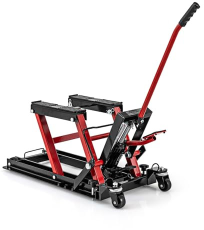 COSTWAY Ponte Sollevatore Idraulico per Moto, Sollevatore Motociclette fino a 680 kg, Cric Alzamoto con Ruote e Piattaforma Regolabile in Altezza a Pedale Resistente per ATV, UTV per Officina (Rosso)