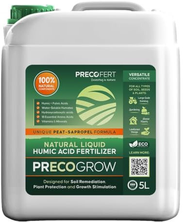 PRECOGROW Abono Humus Líquido Natural Universal - Rico en Nutrientes, Turba y Sapropel - Aumenta el Rendimiento, Fortalece las Raíces, Protege las Plantas - Perfecto para Agricultura y Césped – 5L