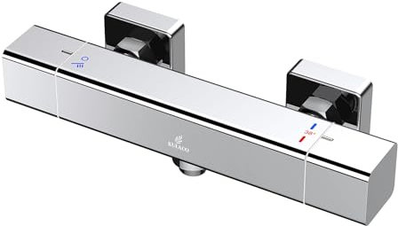 KULACO Termostato per doccia, Fonte termostatica per doccia a incasso, Termostato doccia con pioggia, Miscelatore termostatico per doccia con pulsante di sicurezza a 38 °C (Cromo)