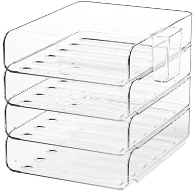 FANXIYQ 4-Tier Acrylic Paper Tray Organizer with Pen Holder | Clear Stackable Desk Organizer for Documents, Letters, A4 Paper | Modern Office/Classroom/Home Organization