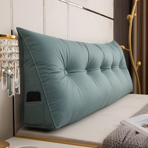 Almohada triangular grande de cuña para cabecera, lectura, soporte lumbar, respaldo suave, sofá cama, cojín de posicionamiento, almohada de espalda, color azul agua, 180 x 50 x 20 cm