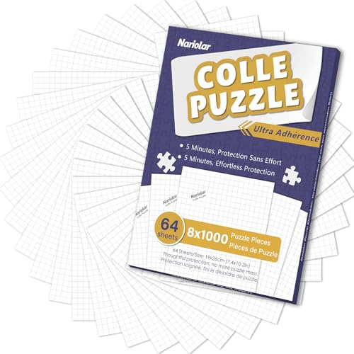 Nariolar Colle pour Puzzle, 64 Feuilles de Colle, Conservation de 8x1000 Pièces de Puzzle, Facile à Conserver en Quelques Minutes