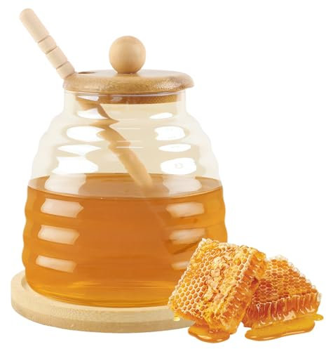 Dzmuero Barattolo per Miele, 480ML Dosatore Miele, Vasetto per Miele Legno con Coperchio, Contenitore di Vetro Sigillato, Vasetto per Miele a Bocca Larga per lo stoccaggio in cucina (Marrone4)