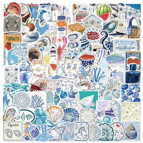 Blue Coastal Stickers 100 Pack - Beachy Summer Ocean Theme Waterproof Vinyl Decals for Girls Teens, Water Bottles, Laptops, Luggage, Skateboards