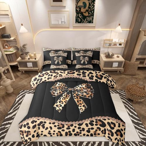 Erosebridal African Cheetah Bow Queen Comforter Set for Girls Women Adults - Leopard Coquette Bow Bed in a Bag Brown Black Modern Fashion 7-Piece Bedding Set Leopard Print Bowknot Quilt Duvet Sets