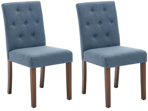 RBFGYIOP Sedie da Pranzo Imbottite Moderne - Set di 2 con Lino Blu, Schienale Trapuntato, Gambe in Legno Massello, Dettagli Borchie - Comfort per Sala da Pranzo, Cucina, Ristorante - 2-pack Linen |