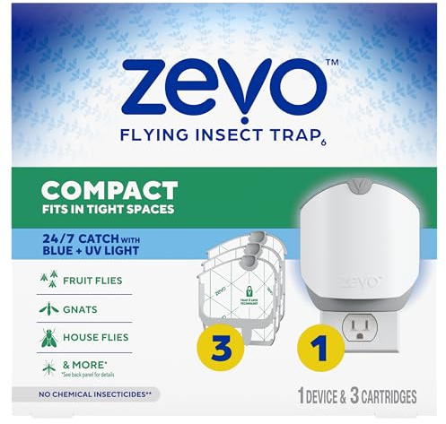Zevo Kit compacto de trampa para insectos voladores con cartuchos de recambio, atrapasueños de interior enchufable para mosquitos, casa y moscas de la fruta, azul + tecnología de luz UV, sin olor, sin
