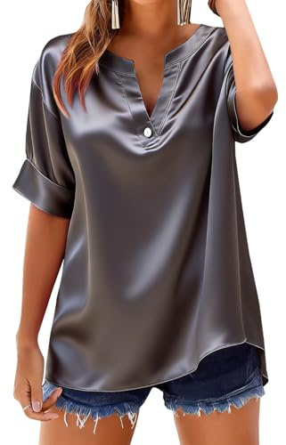 UHouse Chemisier Satin Femme Blouse Manches Courtes Tshirt Chic T Shirt Respirant Vêtements Été Vetement Business Habit Décontracté Haut Leger Tee Shirt 01 Gris XXL