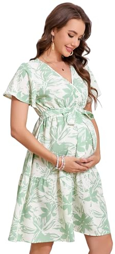 Yesfashion Abito premaman estivo da donna, con scollo a V, a maniche corte, elegante, per gravidanza, con cintura (confezione multipla), verde, M
