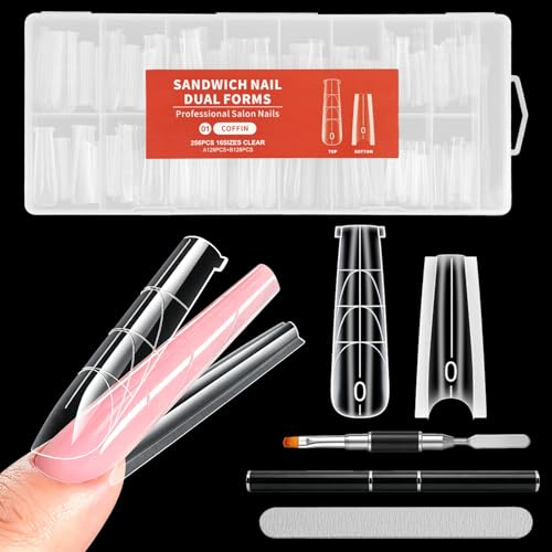 256 Pezzi Sandwich Dual Form, 16 Misure, Con Pennello 2-In-1 Per Unghie e Lima, Per Polygel, Builder Gel e Acrygel, Salone e Fai Da Te, Per Principianti(Trapezoidale)