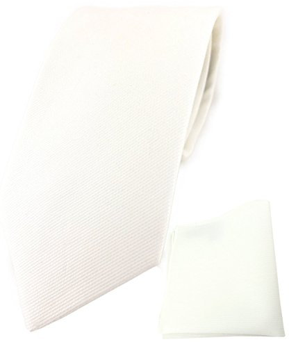 TigerTie Designer Krawatte + Einstecktuch aus 100% Baumwolle in cremeweiss einfarbig Unicolor