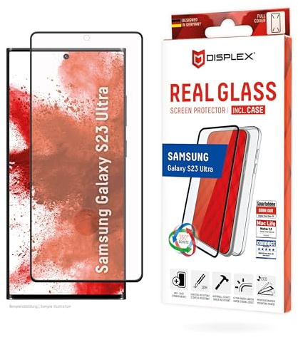 Displex Full Cover Schutzglas (10H) + Schutzhülle für Samsung Galaxy S23 Ultra, Eco-Montagerahmen, + Case, volle Displayabdeckung, Tempered Glas, kratzer-resistente Schutzfolie