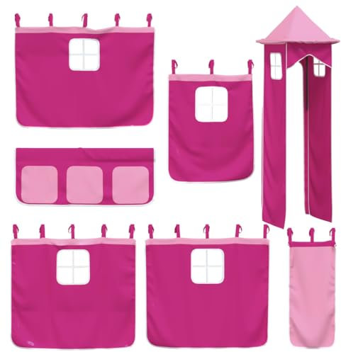 vidaXL Cortinas para Cama Alta con Torre, Cortinas para Litera con Bolsillos, Dosel para Niños, Decoraciones para Dormitorio, Poliéster Rosa