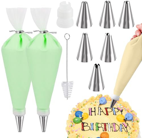 Sac a Poche Riutilizzabile, 12pcs Sacchetti di Ghiaccio e Ugelli Cake Decorating Kit con 2 Sacchetti di Ghiaccio, 6 Punte Piping, 1 Accoppiatori, 1 Pennello e 2 Twist Tie Forte Torta Icing Piping Set