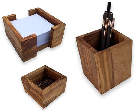 Zettelbox Notitzpapier Halter für 9x9cm Zettel + Stifthalter Becher + Büroklammernhalter squaremood eckig handgefertigt aus Olivenholz, Geschenkidee.