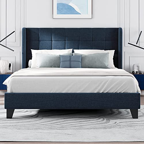 KAZZIO Letto imbottito con la sua testiera imbottita, letto matrimoniale con rete a doghe, in lino, a media resistenza (senza materasso) (blu, 140 x 200 cm)